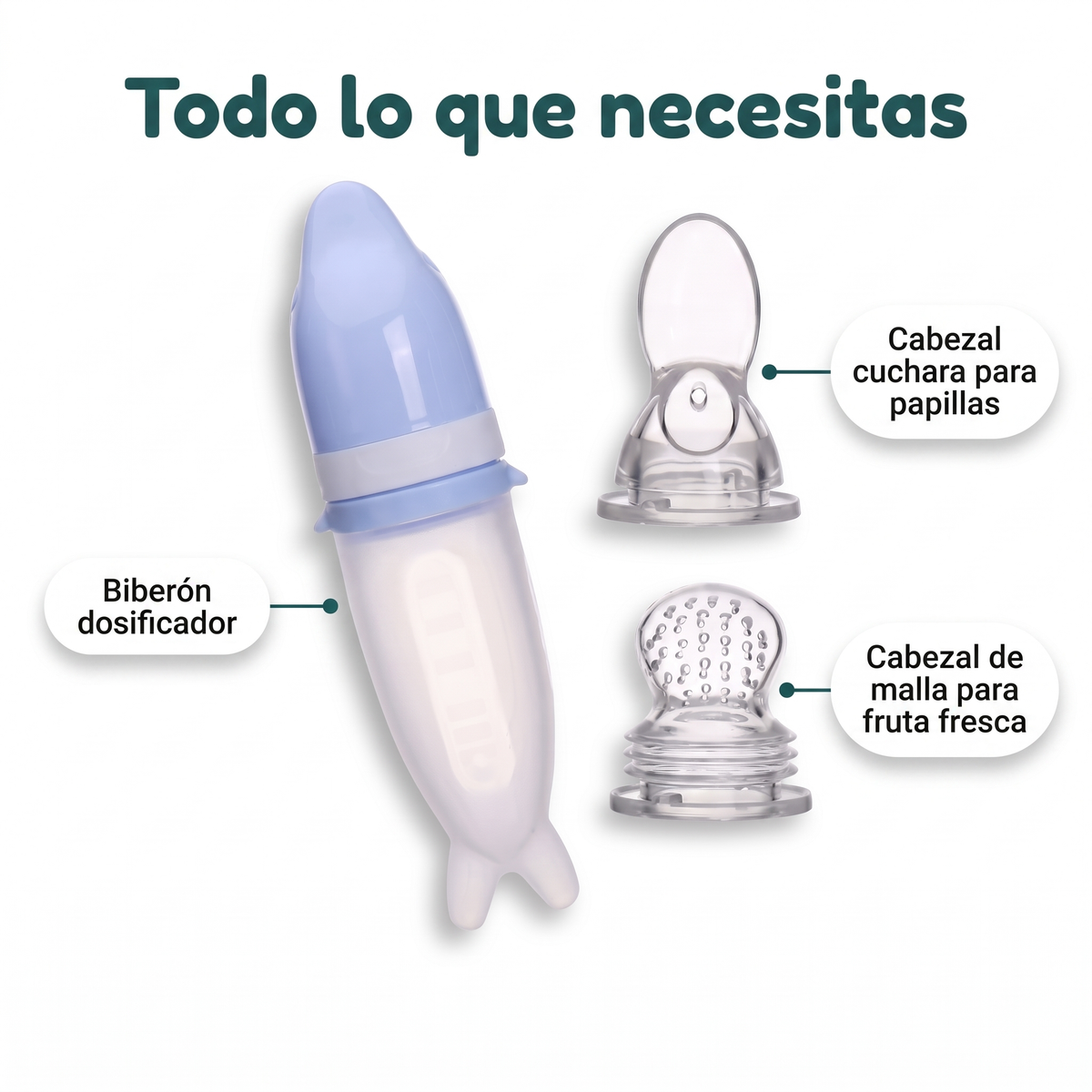 Qué incluye: biberón dosificador, cabezal cuchara y cabezal de malla